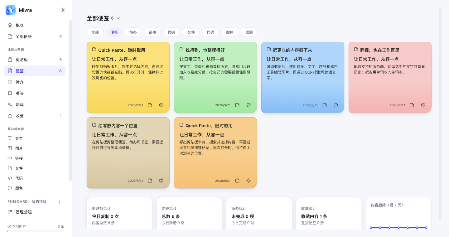 Mivra 便签卡片与 Markdown 内容预览